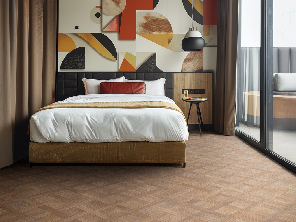 polyflor style flooring in a hotel room. 2024 design trends. Editorial style Job ID: ea3778e7-7542-4754-bcd3-f70111ecf4fb
